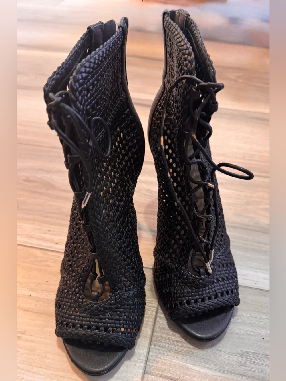 Sam Edelman Black Woven Leather Lace-Up Peep Toe Booties Size 7.5